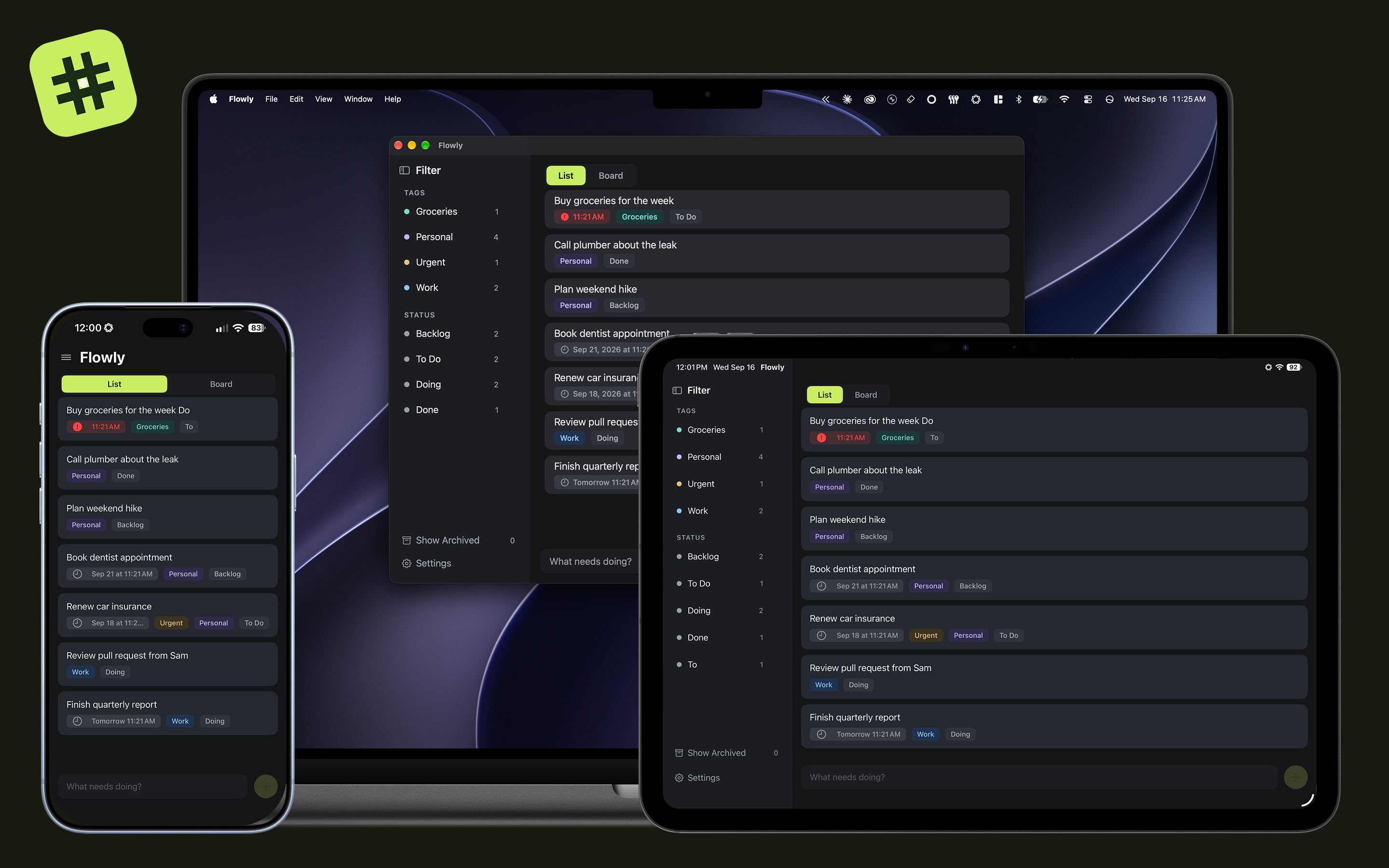 Flowly's Board and List views synced across Mac, iPad, and iPhone